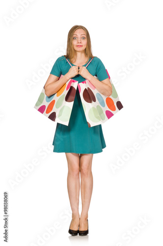 Woman in christmas shopping concept on white