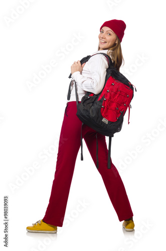 Funny student with backpack isolated on white © Elnur