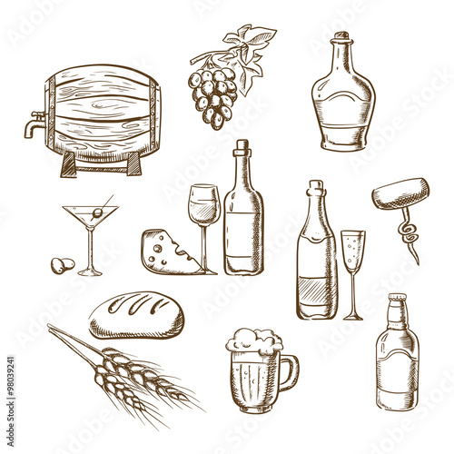 Sketches of alcohol, drinks and snacks