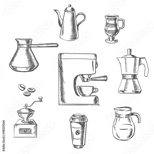 Beverage sketch icons around the coffee machine