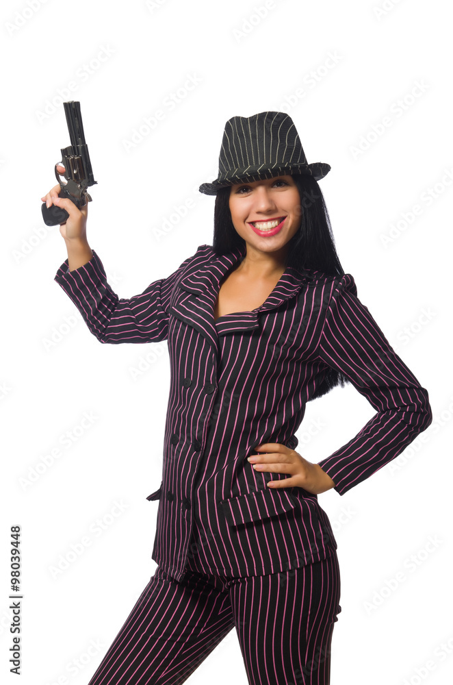 Gangster woman with gun isolated on white