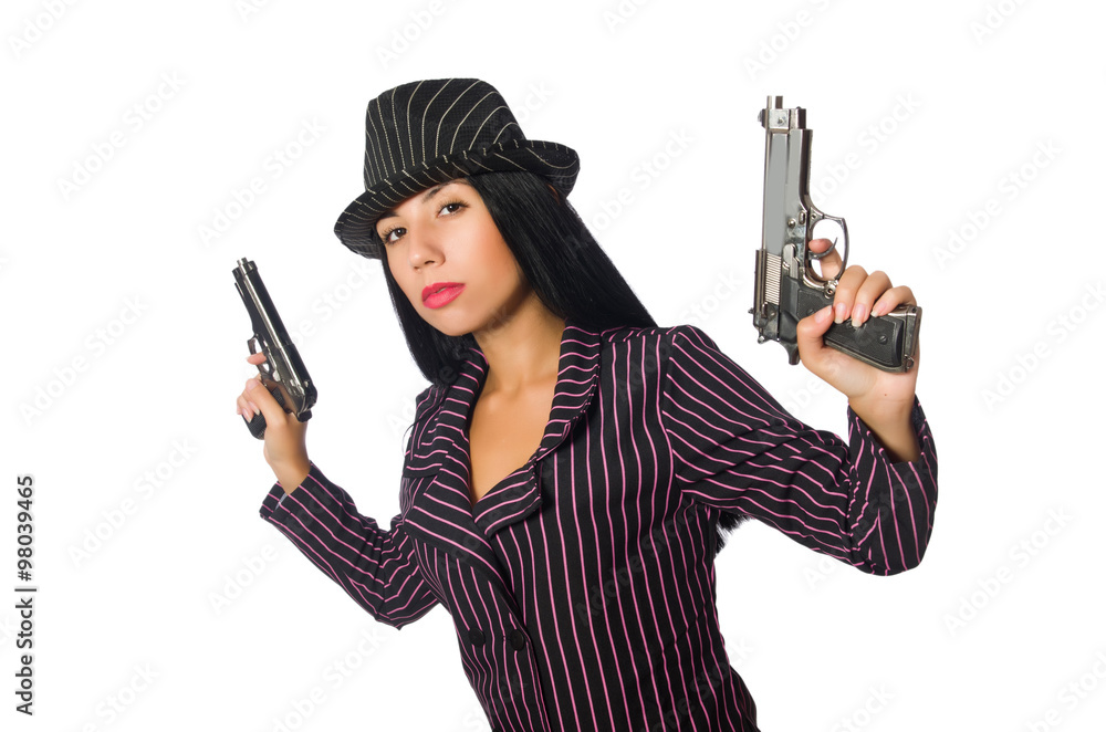 Gangster woman with gun isolated on white Gangster woman with gun isolated on white