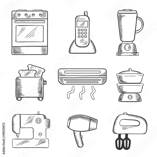 Home appliance sketched icons set