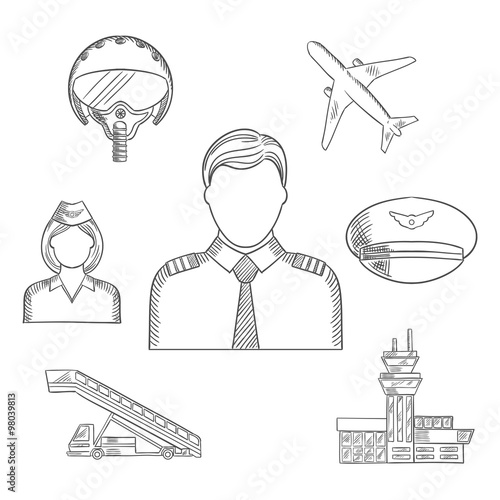 Pilot profession and aircraft sketched icons set