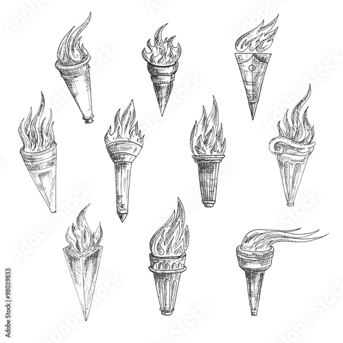 Flaming torches in retro sketch style
