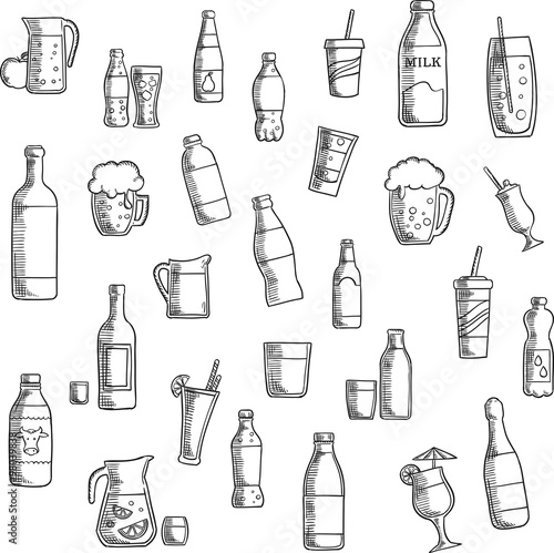 Beverages, cocktails and drinks sketched icons