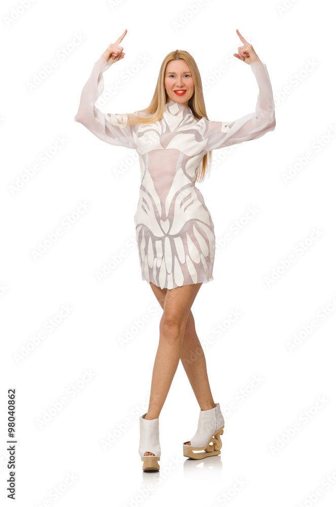 Woman wearing white dress isolated on white Woman wearing white dress isolated on white