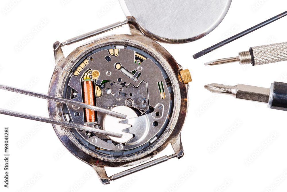top view of replacing battery in quartz watch top view of replacing battery in quartz watch
