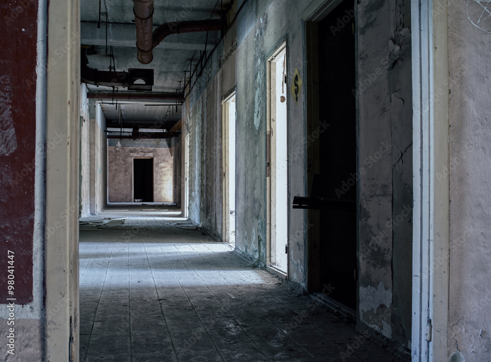 Abandoned corridors at Russian factory backdrop