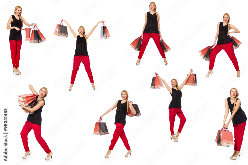 Fototapeta premium Set of woman with shopping bags on white