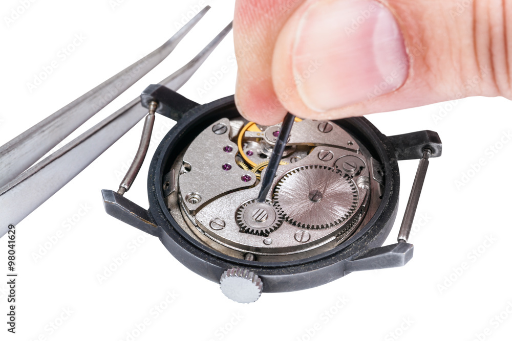 watchmaker repairs old watch isolated on white watchmaker repairs old watch isolated on white