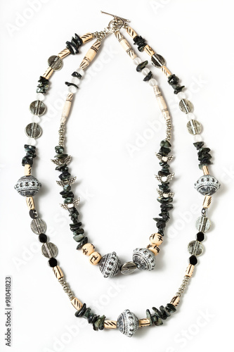 necklace from coquina, acrylic, rhinestone beads
