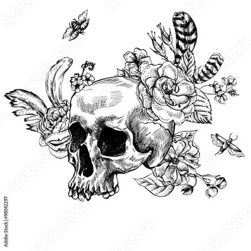 Skull, Flowers Day of The Dead, Black and white Vector illust