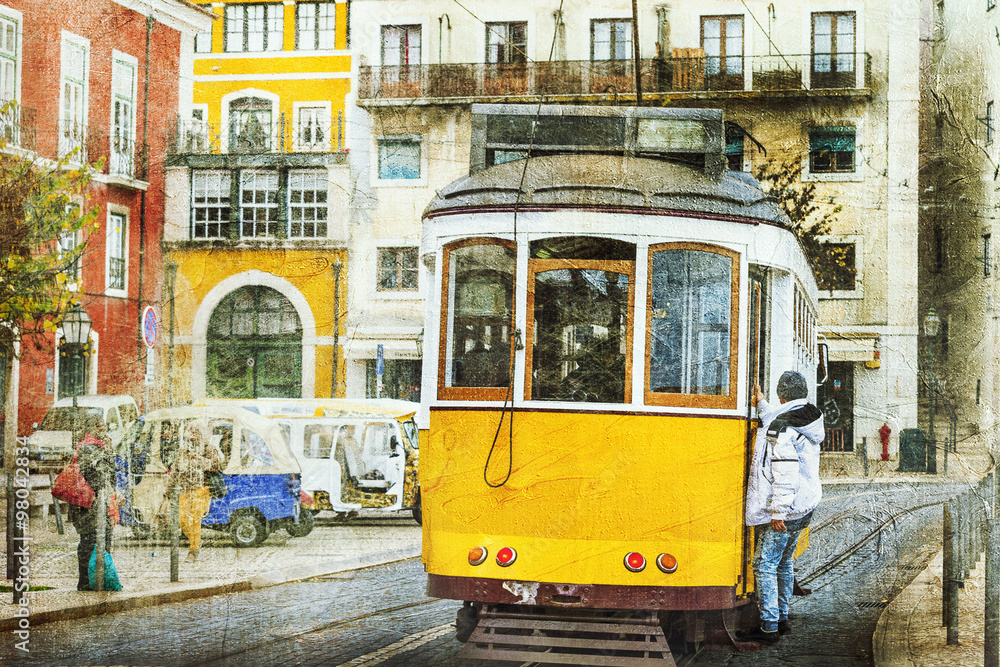 vintage trams in Lisbon. Retro picture