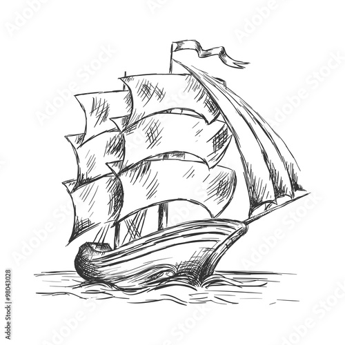 Old ship under full sails in ocean water