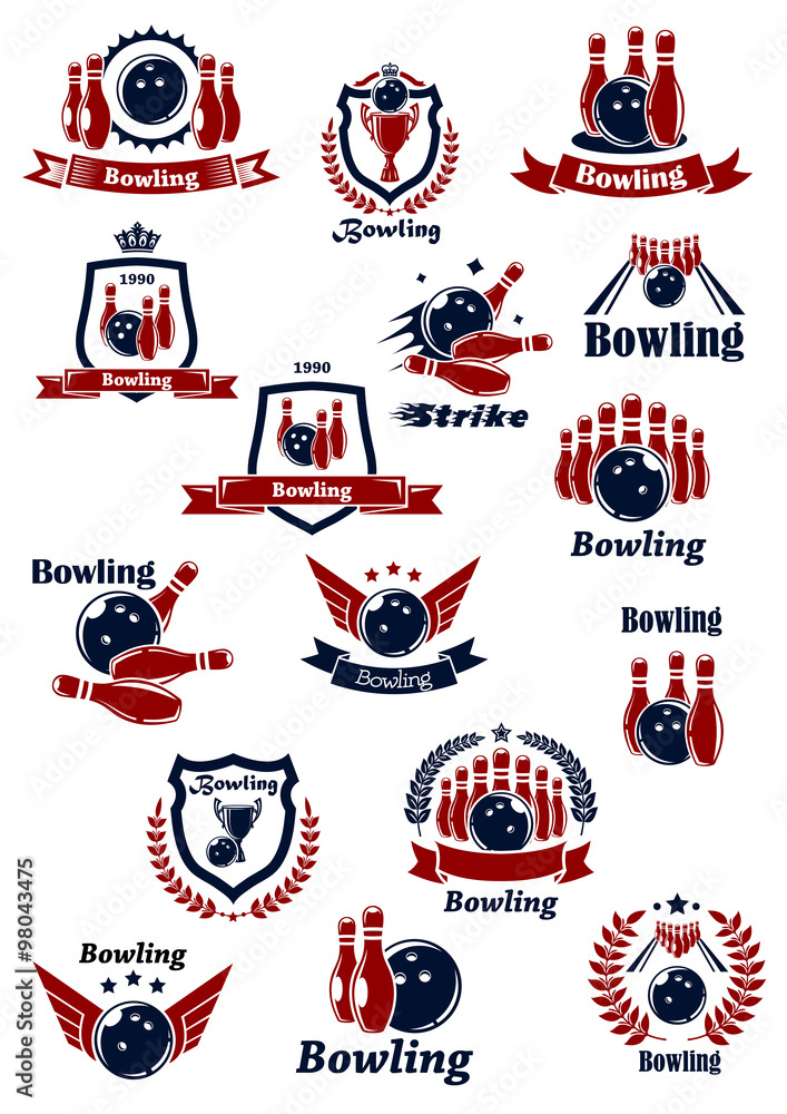 Bowling club or tournament icons and symbols Bowling club or tournament icons and symbols