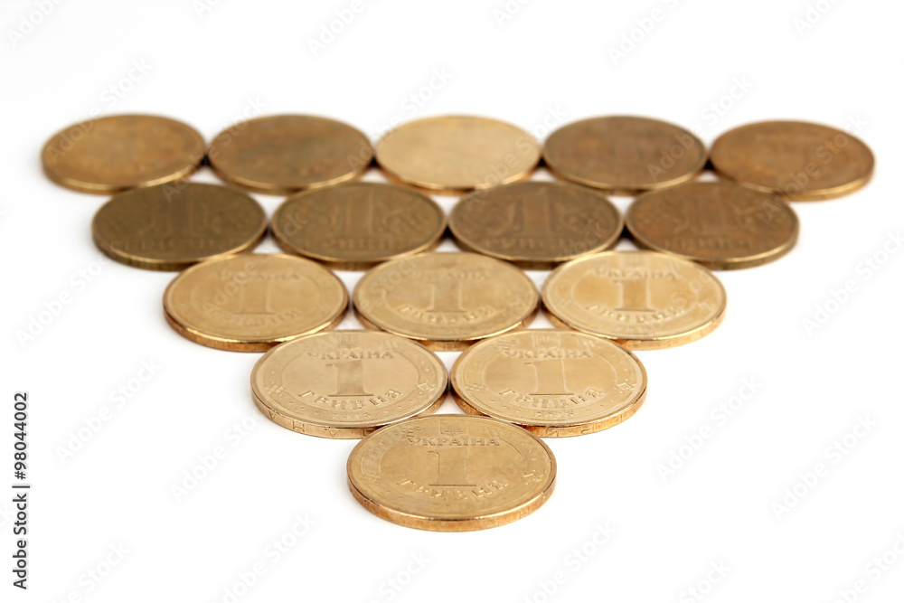 spread out on a white background Ukrainian coins spread out on a white background Ukrainian coins