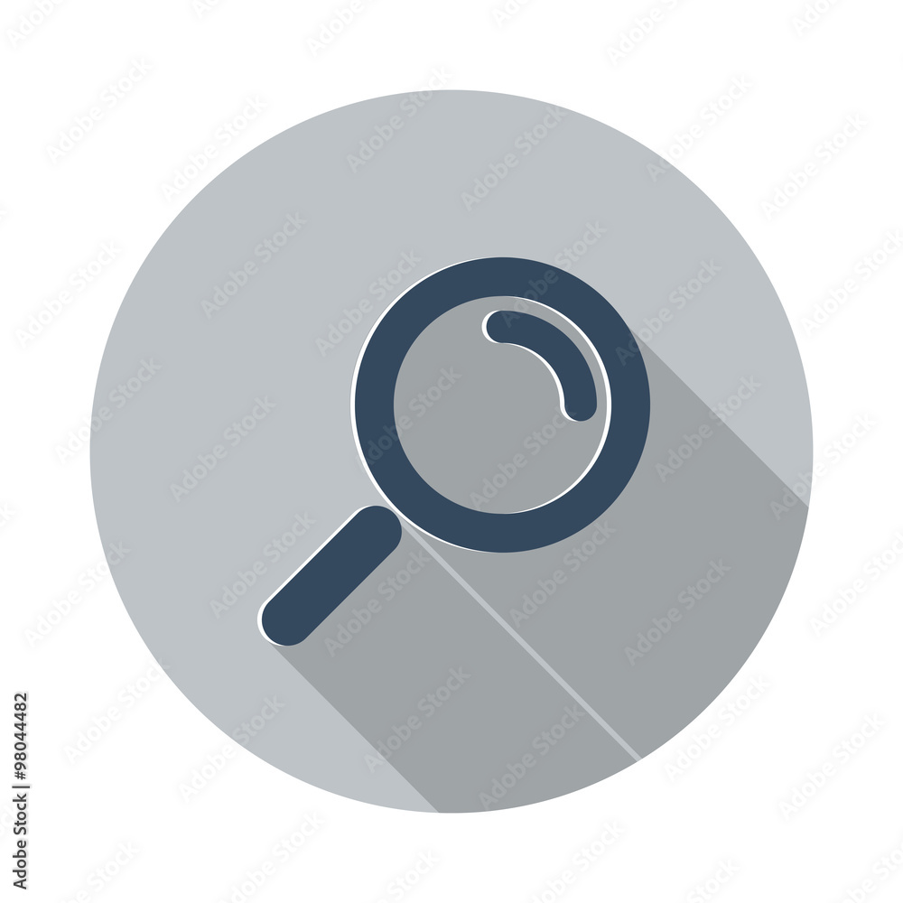 Flat Magnifying Glass icon with long shadow on grey circle Flat Magnifying Glass icon with long shadow on grey circle