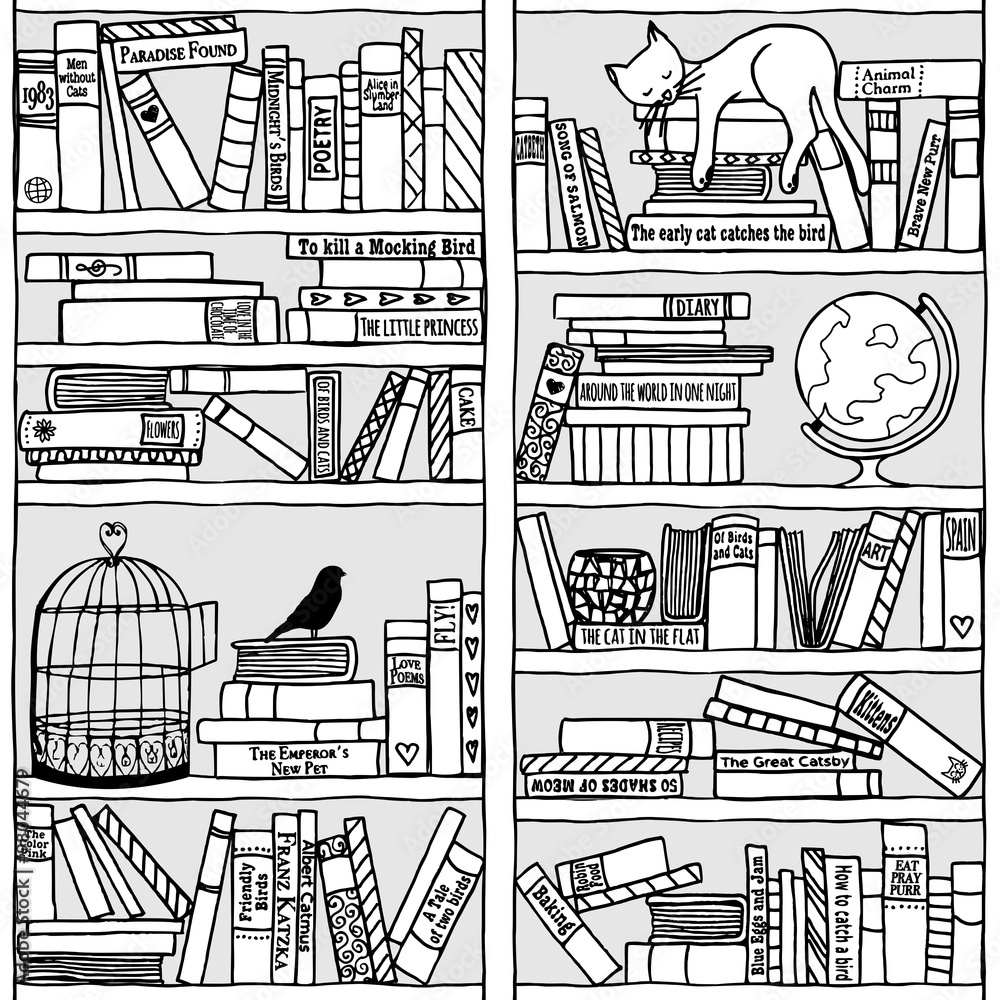 Obraz premium Handgezeichnetes Bücherregal (seamless pattern)