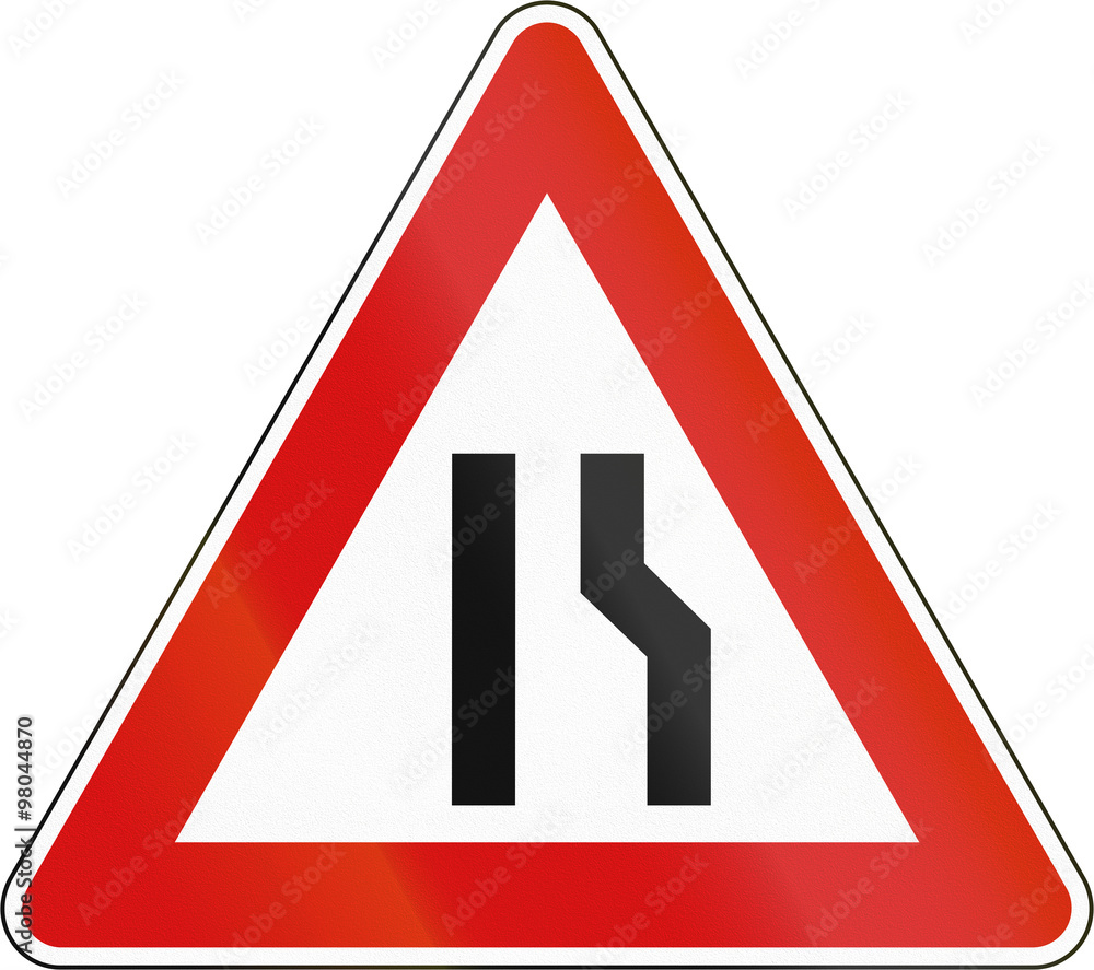 Slovenia road sign - Road narrows on the right side Slovenia road sign - Road narrows on the right side