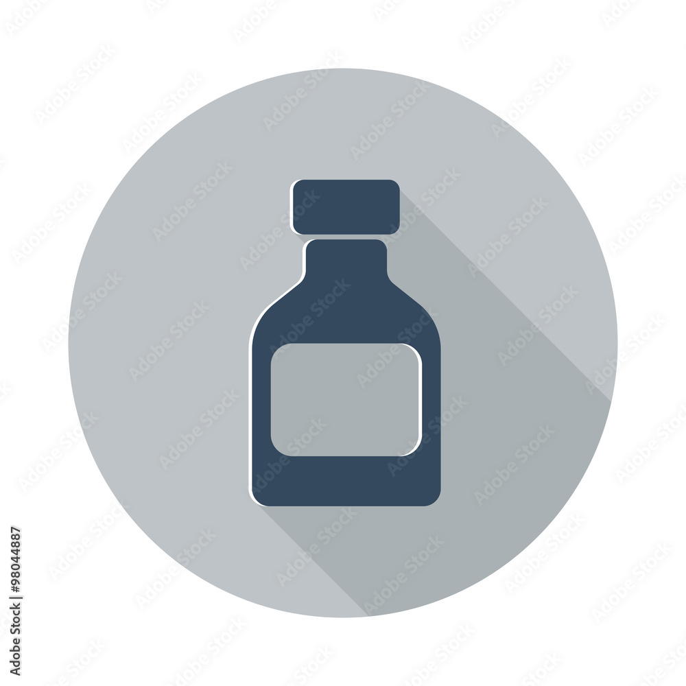 Flat Medicine Bottle icon with long shadow on grey circle Flat Medicine Bottle icon with long shadow on grey circle