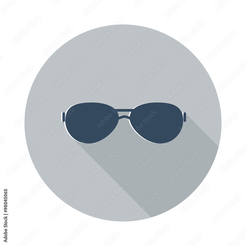 Flat Sunglasses icon with long shadow on grey circle Flat Sunglasses icon with long shadow on grey circle