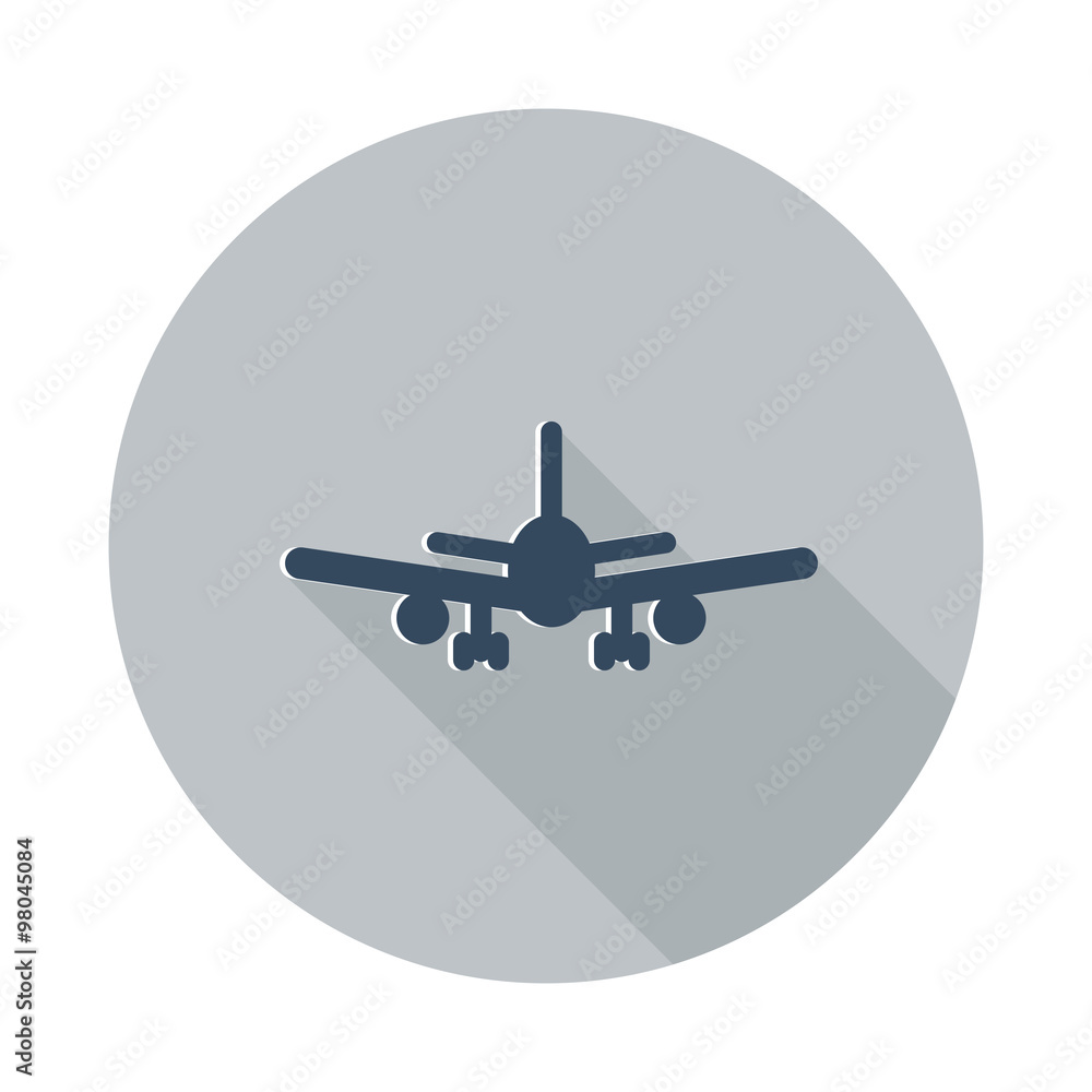 Flat Airplane icon with long shadow on grey circle Flat Airplane icon with long shadow on grey circle