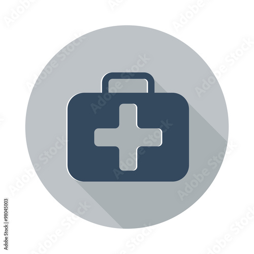 Flat First Aid Kit icon with long shadow on grey circle