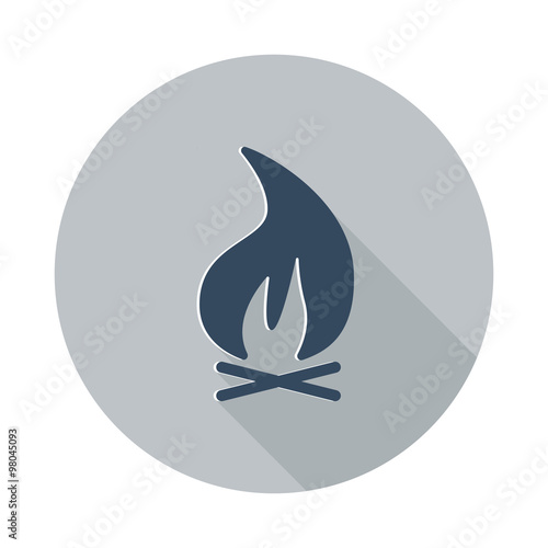 Flat Bonfire icon with long shadow on grey circle