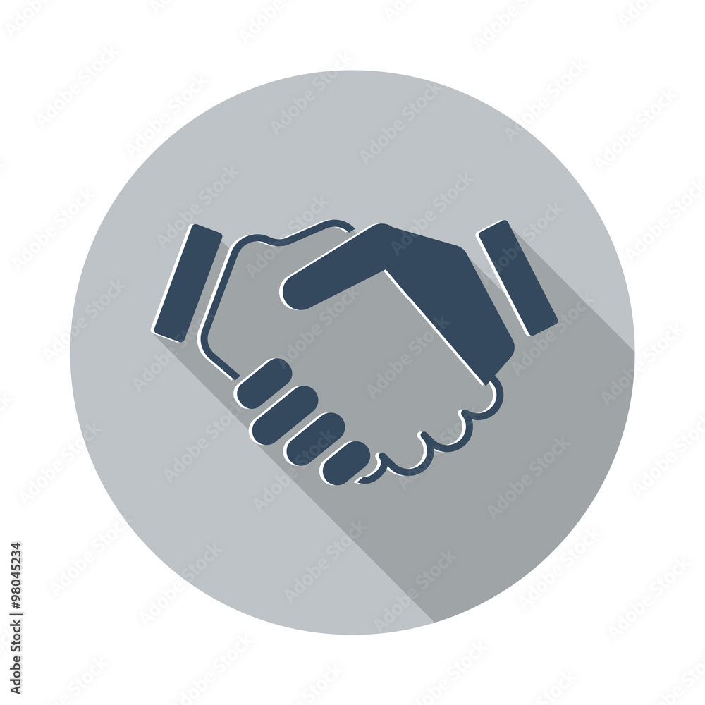 Flat Handshake Agreement icon with long shadow on grey circle