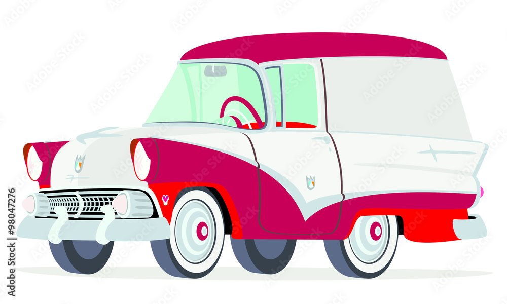 Caricatura Ford Courier Sedan Delivery 1955 rojo con blanco vista frontal y lateral