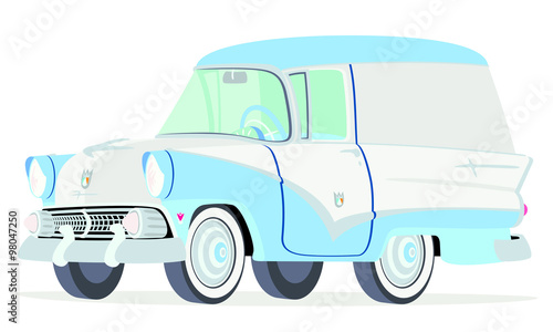 Caricatura Ford Courier Sedan Delivery 1955 azul con blanco vista frontal y lateral