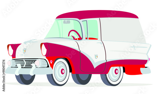 Caricatura Ford Courier Sedan Delivery 1955 rojo con blanco vista frontal y lateral
