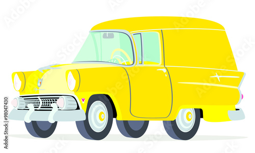 Caricatura Ford Courier Sedan Delivery 1955  amarilla vista frontal y lateral