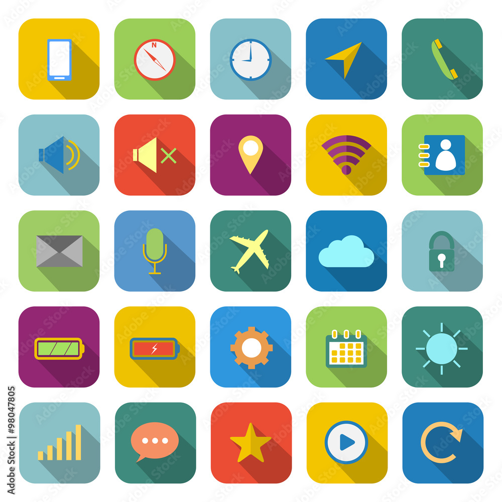 Mobile phone color icons with long shadow