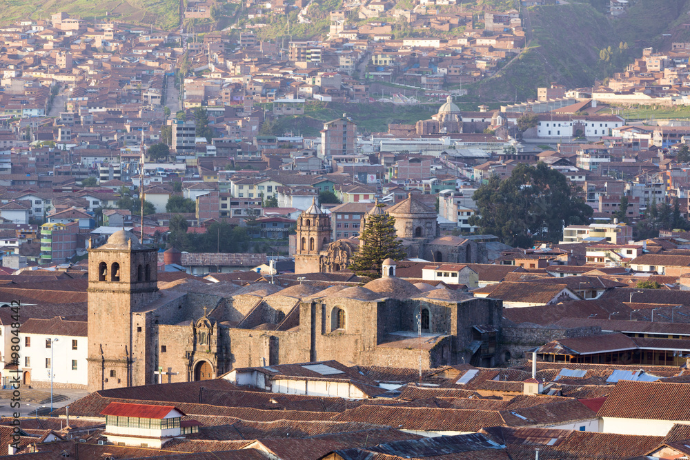 Aerial Cusco city view on Plaza de Armas, Peru
