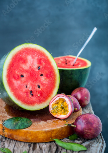 Vegan breakfast. Watermelon with passion fruit