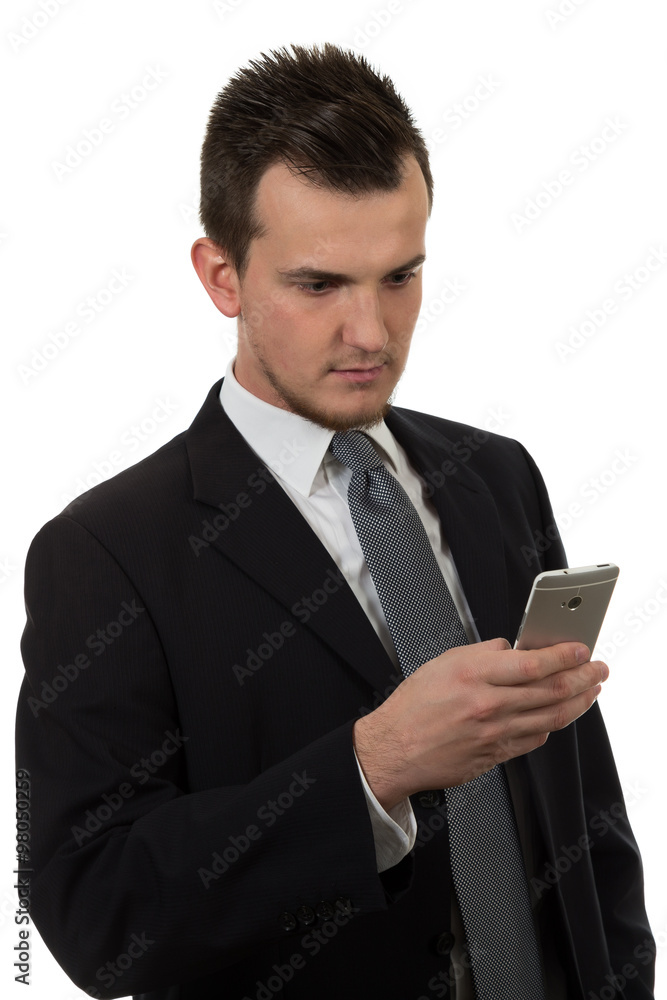 Young business man holding phone Young business man holding phone