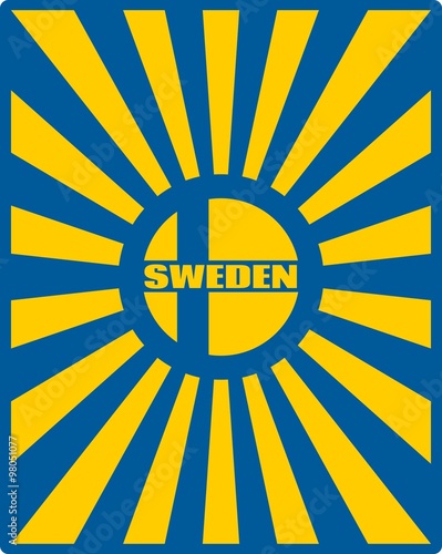 Sweden flag on sun rays backdrop