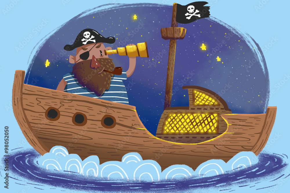 Illustration for Children: The Pirates Captain and His Ship under the Moon Night. Realistic Fantastic Cartoon Style Artwork / Story / Scene / Wallpaper / Background / Card Design. 