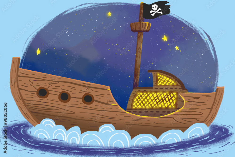 Illustration for Children: The Pirates Ship under the Starry Night. Realistic Fantastic Cartoon Style Artwork / Story / Scene / Wallpaper / Background / Card Design.