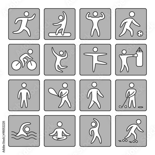 Set of linear icons for popular sports. Vector shapes athletes
