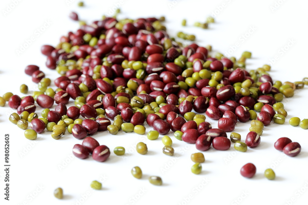 Mung Green Beans and Red Beans on White Background Mung Green Beans and Red Beans on White Background