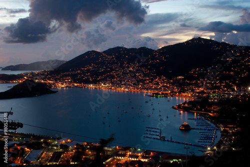 The port of Charlotte Amalie, St Thomas, US Virgin Island just after Sunset (aerial view)
