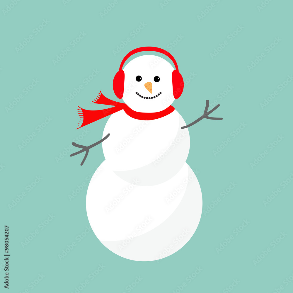 Cartoon Snowman in scarf and headphones. Blue background. Merry Christmas card Flat design Cartoon Snowman in scarf and headphones. Blue background. Merry Christmas card Flat design