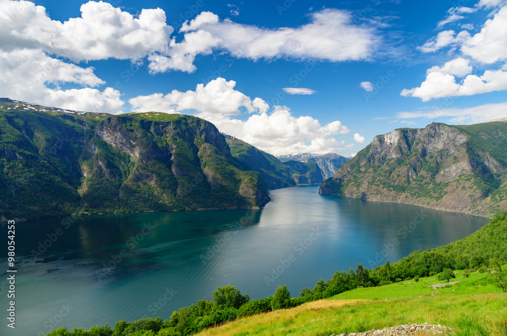 Aurlandsfjord against scenic blue sky, Norway