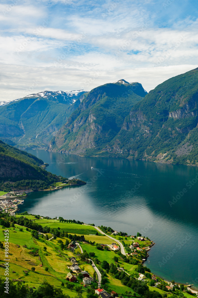 Aurland town and Aurlandsfjord on summer day, Norway