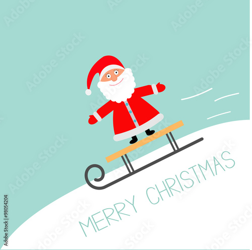 Sleigh with Santa Claus  rolling downhill Motion line Blue background. Merry Christmas Greeting card Flat design