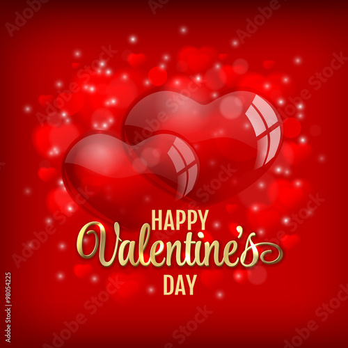 Valentines day greeting with red heart baloons and golden lettering on red shiny background- vector illustration