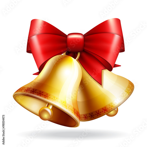 golden bells with a red bow